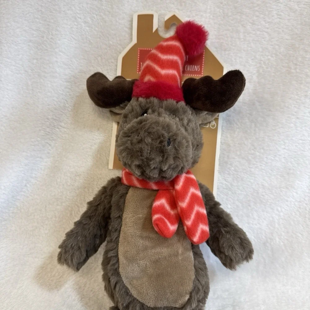 Pally & Paws Holiday Moose Plush Squeaky Dog Toy Brown Red Scarf Hat 17